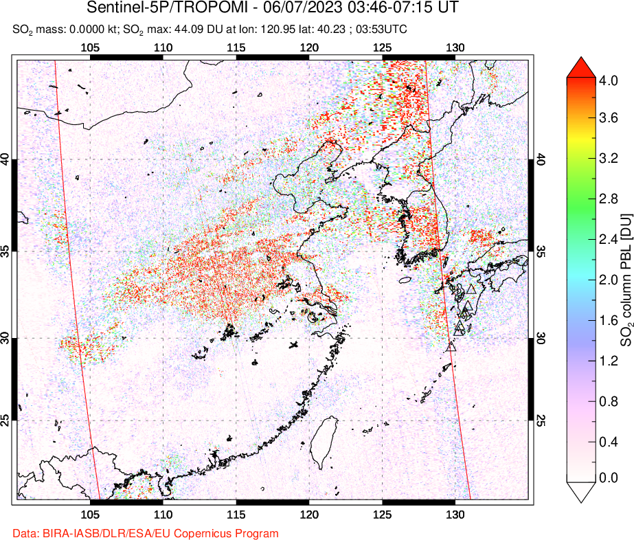 A sulfur dioxide image over Eastern China on Jun 07, 2023.
