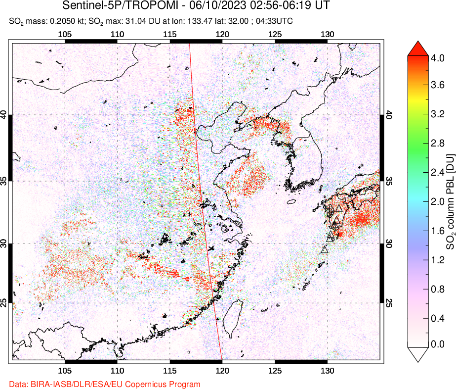 A sulfur dioxide image over Eastern China on Jun 10, 2023.