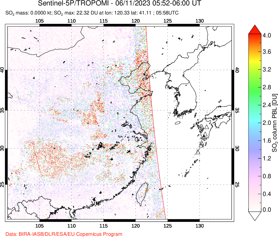 A sulfur dioxide image over Eastern China on Jun 11, 2023.