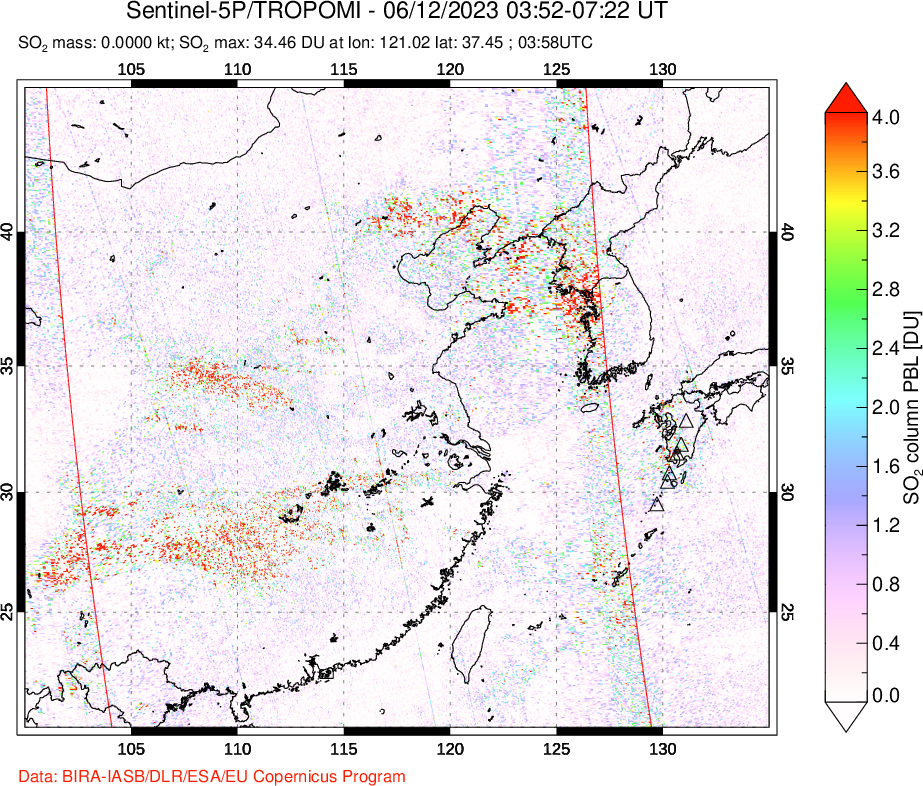 A sulfur dioxide image over Eastern China on Jun 12, 2023.