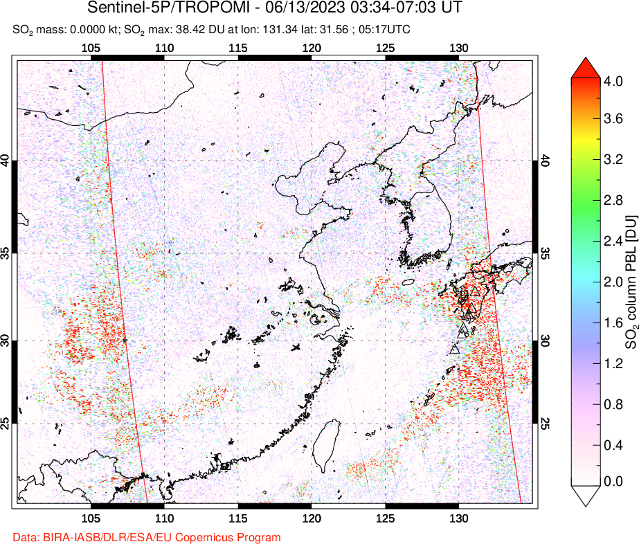 A sulfur dioxide image over Eastern China on Jun 13, 2023.
