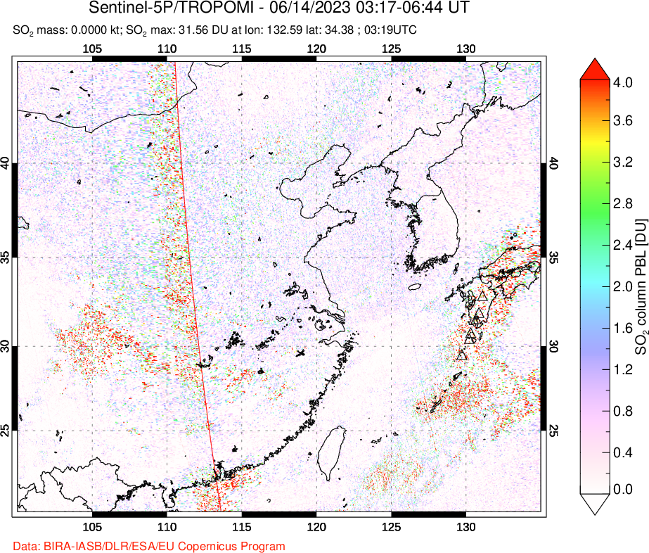 A sulfur dioxide image over Eastern China on Jun 14, 2023.