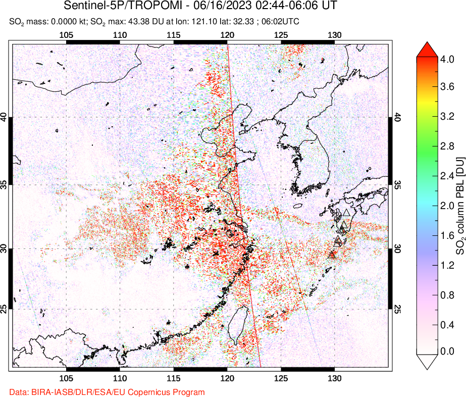 A sulfur dioxide image over Eastern China on Jun 16, 2023.