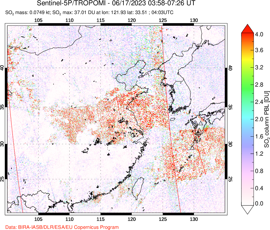 A sulfur dioxide image over Eastern China on Jun 17, 2023.