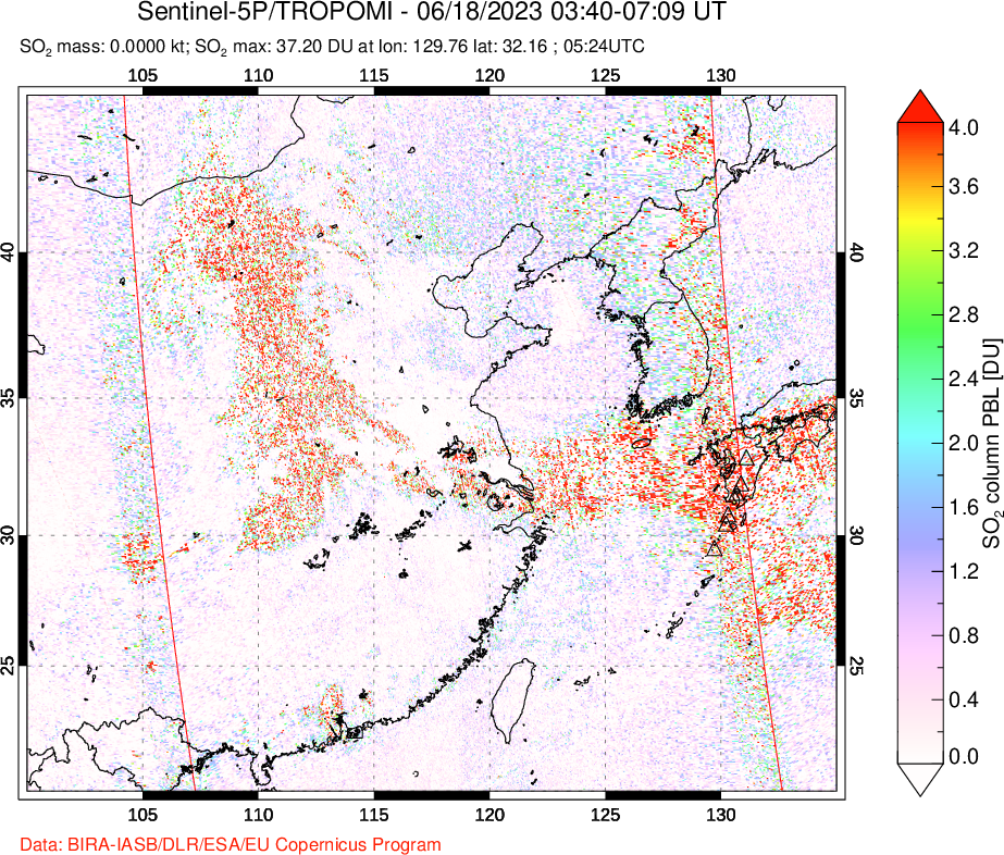 A sulfur dioxide image over Eastern China on Jun 18, 2023.