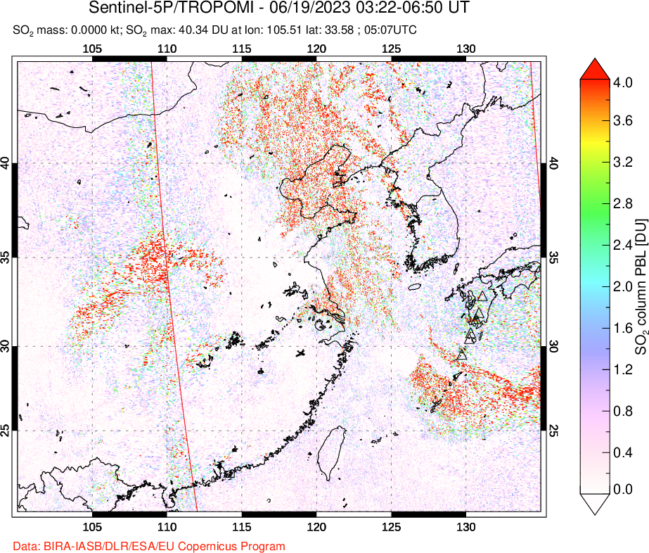 A sulfur dioxide image over Eastern China on Jun 19, 2023.