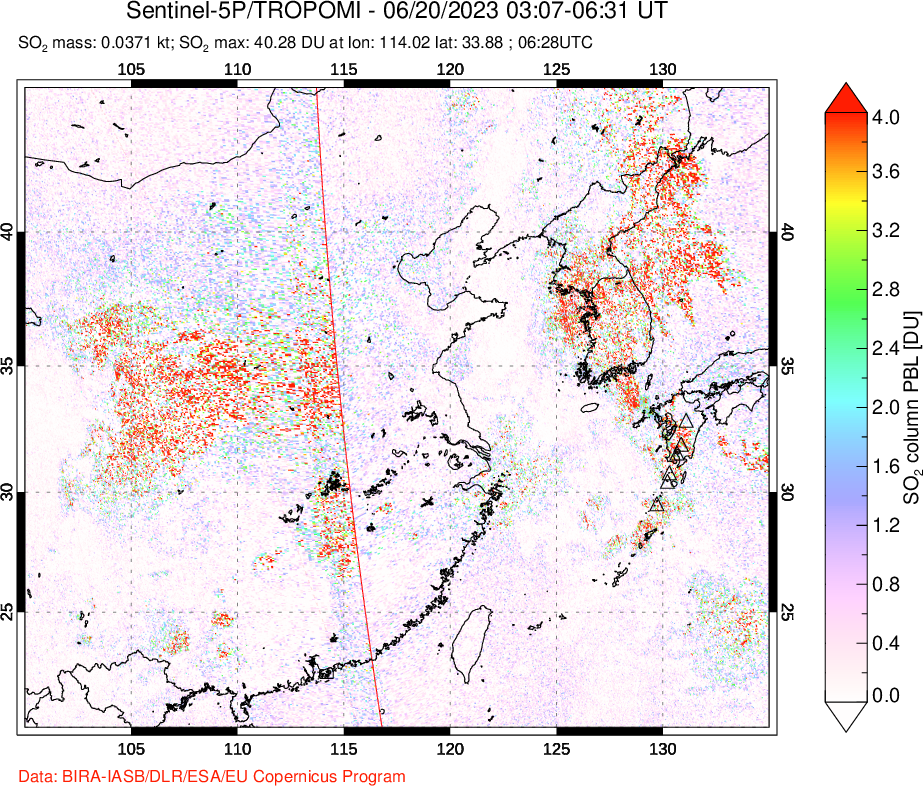 A sulfur dioxide image over Eastern China on Jun 20, 2023.
