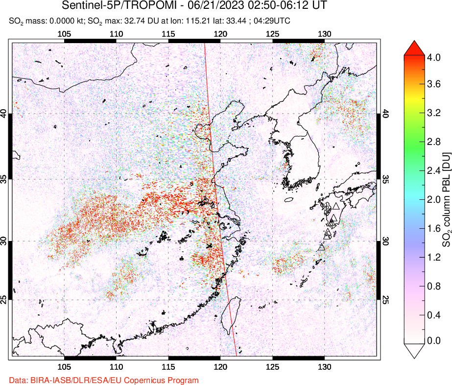 A sulfur dioxide image over Eastern China on Jun 21, 2023.