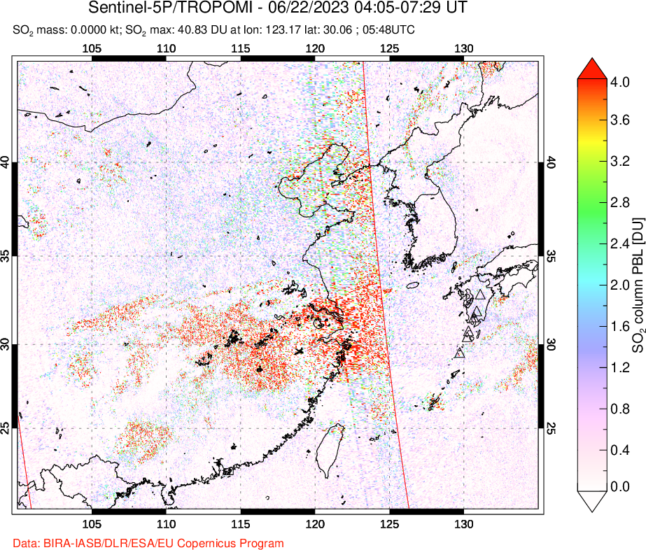 A sulfur dioxide image over Eastern China on Jun 22, 2023.