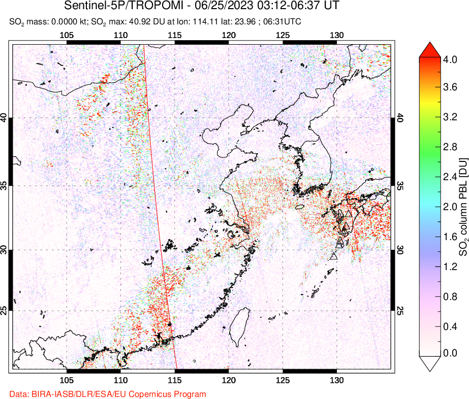 A sulfur dioxide image over Eastern China on Jun 25, 2023.