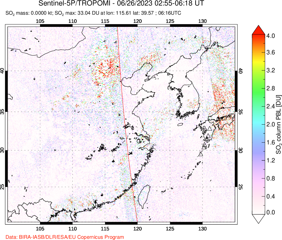 A sulfur dioxide image over Eastern China on Jun 26, 2023.