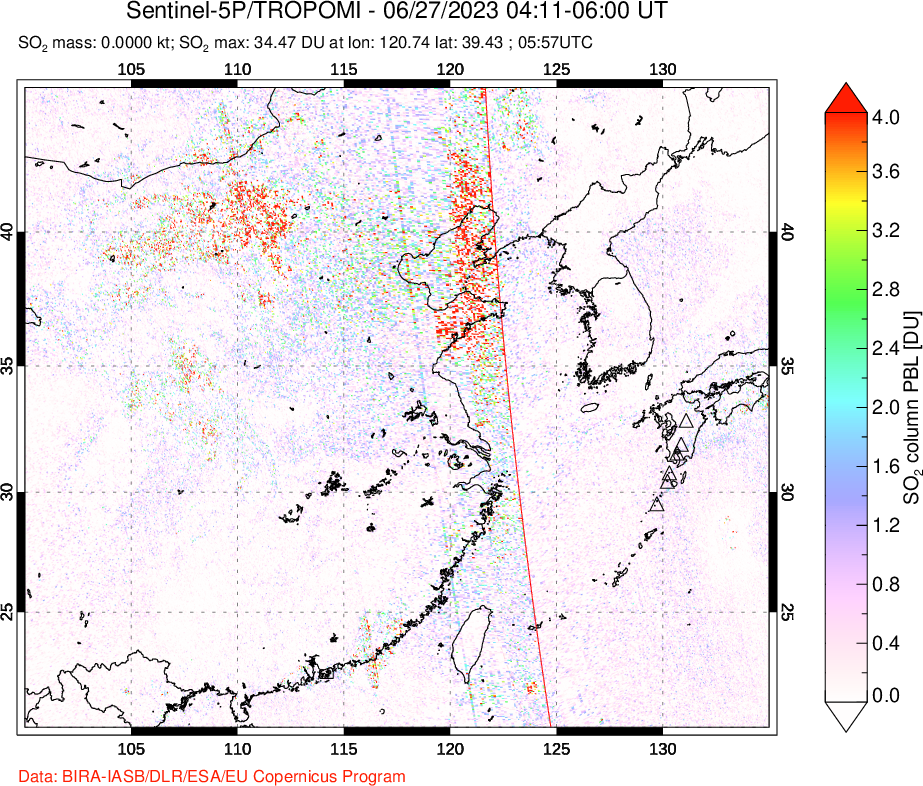 A sulfur dioxide image over Eastern China on Jun 27, 2023.