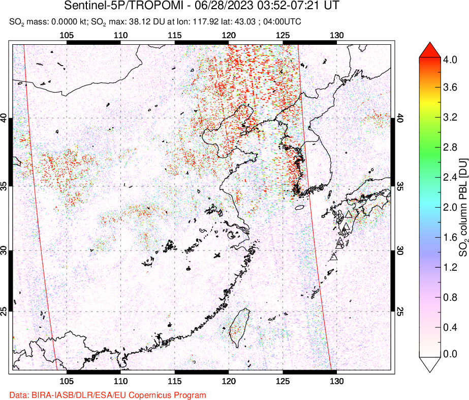 A sulfur dioxide image over Eastern China on Jun 28, 2023.