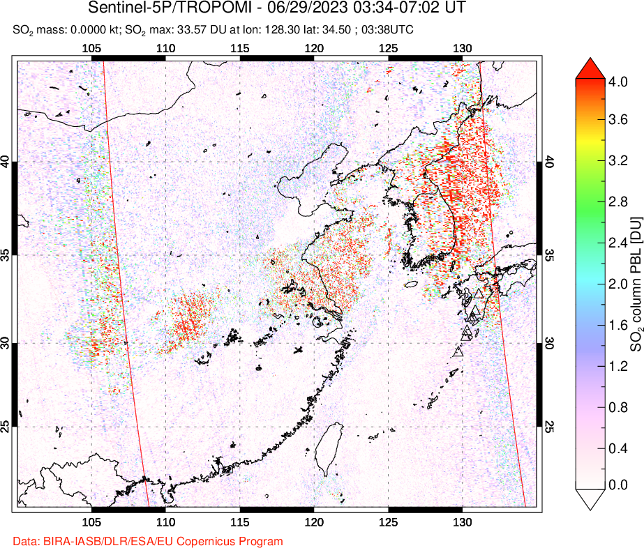 A sulfur dioxide image over Eastern China on Jun 29, 2023.