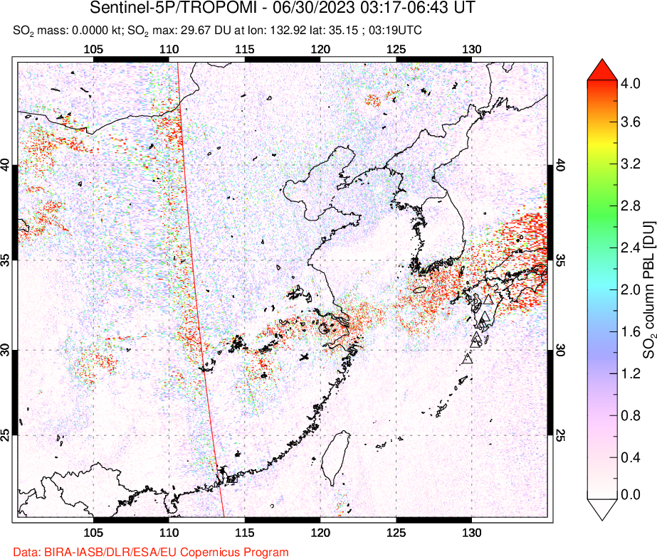 A sulfur dioxide image over Eastern China on Jun 30, 2023.