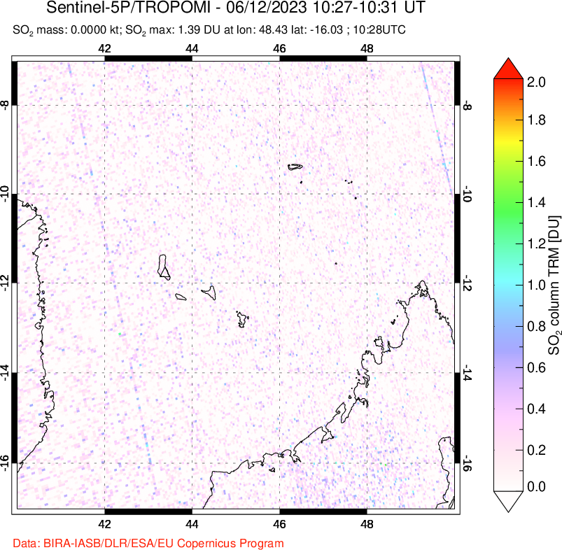 A sulfur dioxide image over Comoro Islands on Jun 12, 2023.