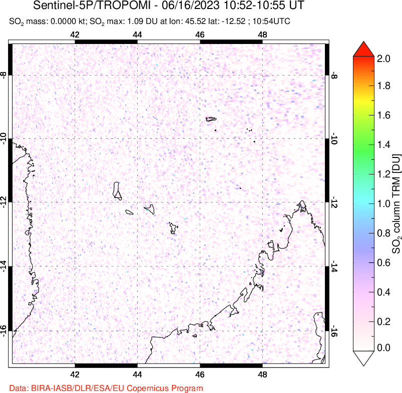 A sulfur dioxide image over Comoro Islands on Jun 16, 2023.