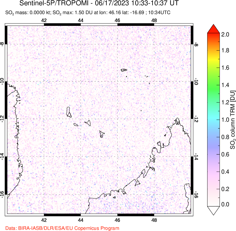 A sulfur dioxide image over Comoro Islands on Jun 17, 2023.