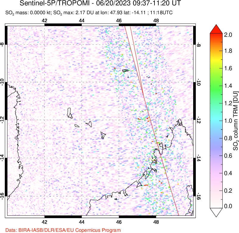 A sulfur dioxide image over Comoro Islands on Jun 20, 2023.