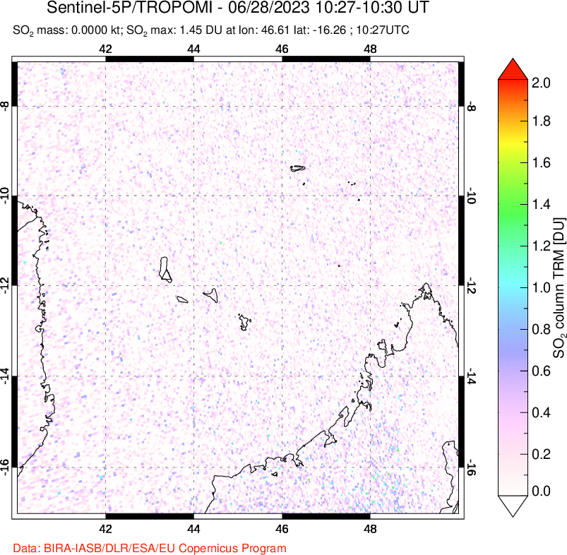 A sulfur dioxide image over Comoro Islands on Jun 28, 2023.