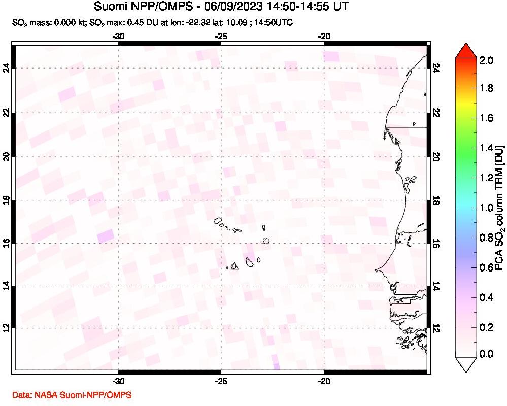 A sulfur dioxide image over Cape Verde Islands on Jun 09, 2023.