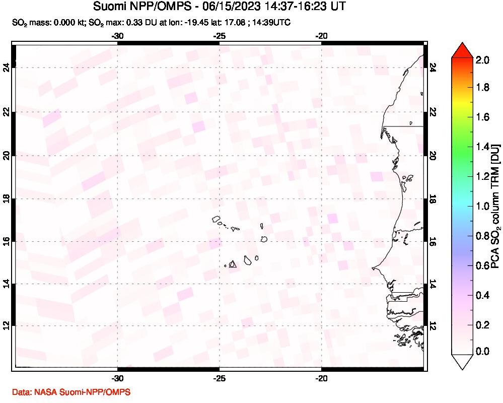 A sulfur dioxide image over Cape Verde Islands on Jun 15, 2023.