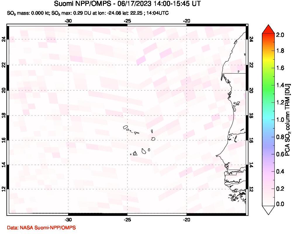 A sulfur dioxide image over Cape Verde Islands on Jun 17, 2023.