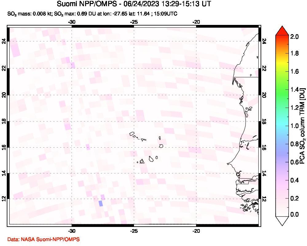 A sulfur dioxide image over Cape Verde Islands on Jun 24, 2023.