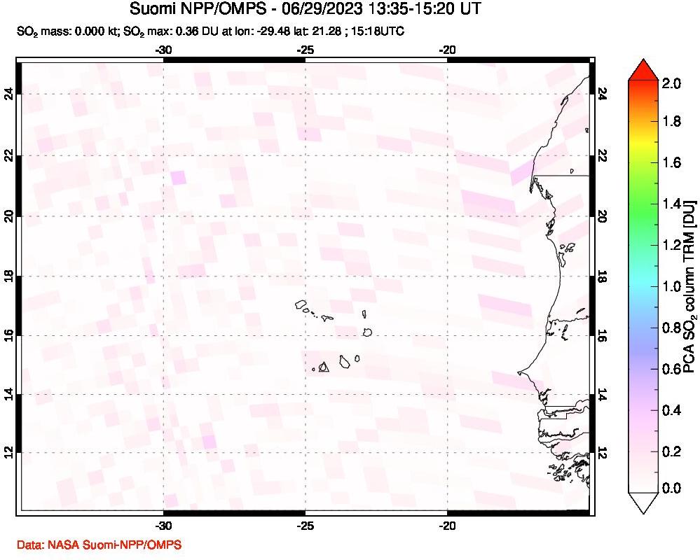 A sulfur dioxide image over Cape Verde Islands on Jun 29, 2023.