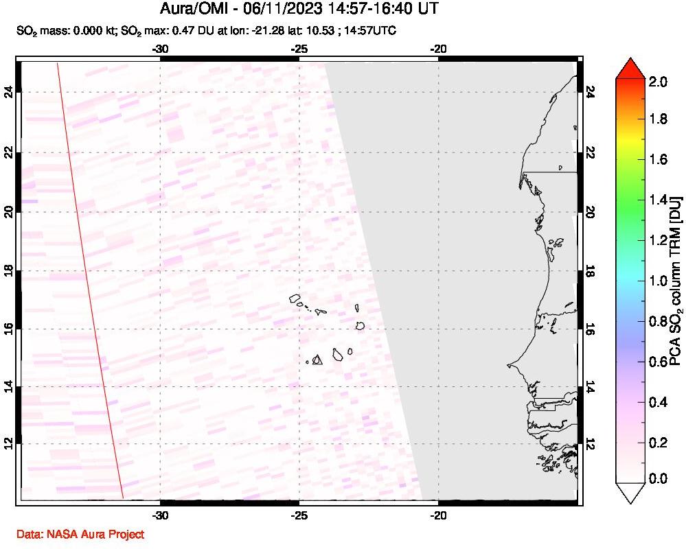 A sulfur dioxide image over Cape Verde Islands on Jun 11, 2023.