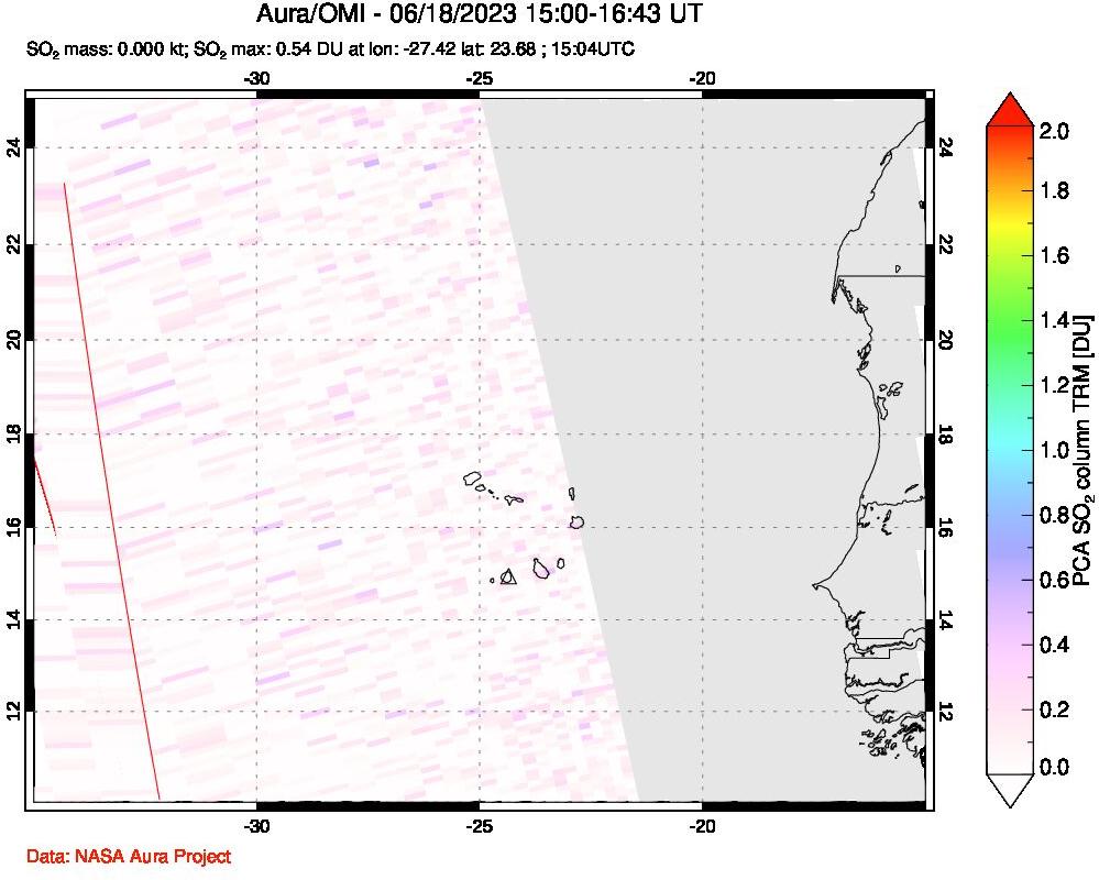 A sulfur dioxide image over Cape Verde Islands on Jun 18, 2023.