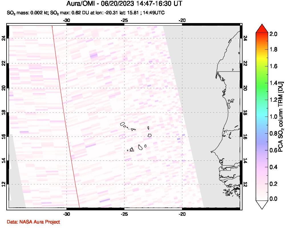 A sulfur dioxide image over Cape Verde Islands on Jun 20, 2023.