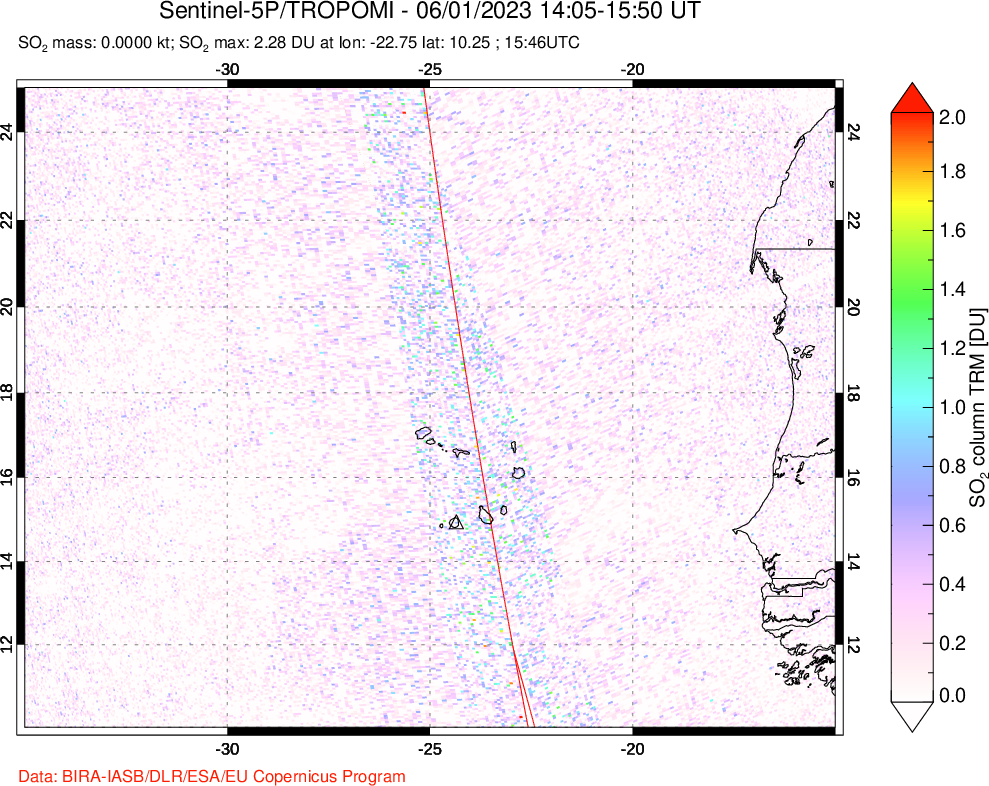 A sulfur dioxide image over Cape Verde Islands on Jun 01, 2023.