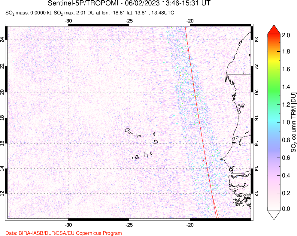 A sulfur dioxide image over Cape Verde Islands on Jun 02, 2023.