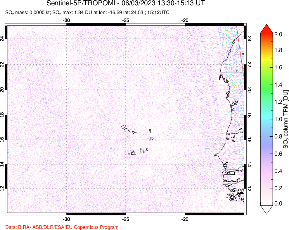 A sulfur dioxide image over Cape Verde Islands on Jun 03, 2023.
