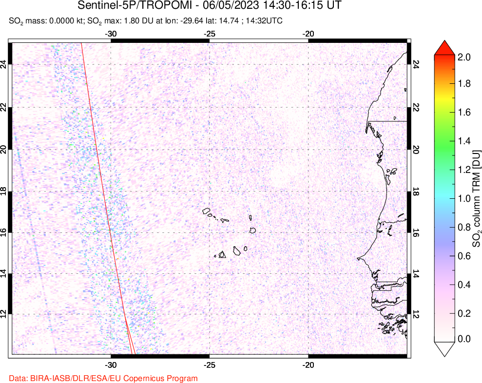A sulfur dioxide image over Cape Verde Islands on Jun 05, 2023.