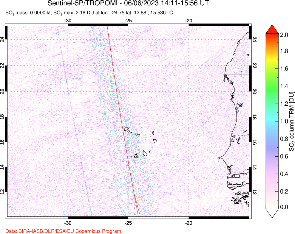 A sulfur dioxide image over Cape Verde Islands on Jun 06, 2023.