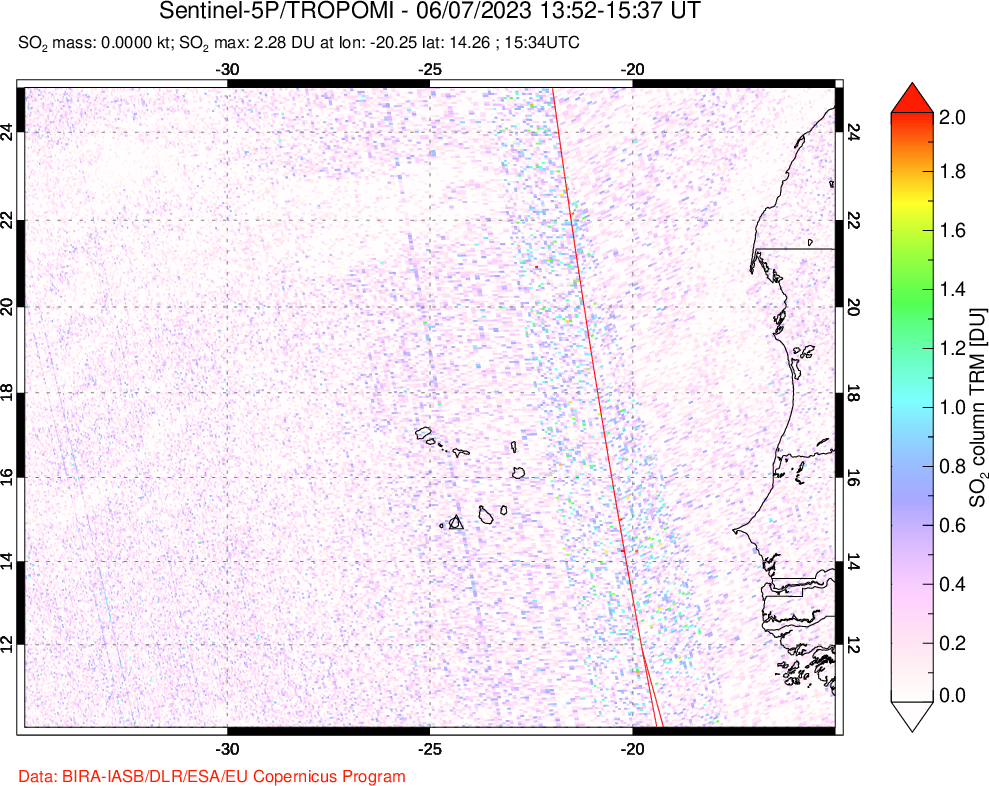 A sulfur dioxide image over Cape Verde Islands on Jun 07, 2023.