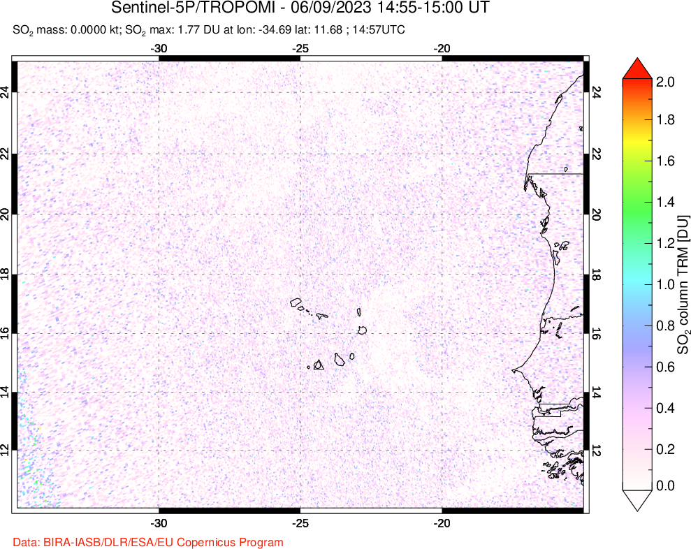 A sulfur dioxide image over Cape Verde Islands on Jun 09, 2023.