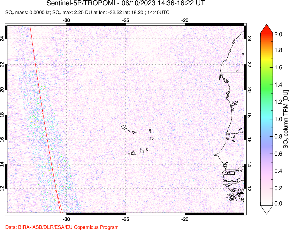 A sulfur dioxide image over Cape Verde Islands on Jun 10, 2023.