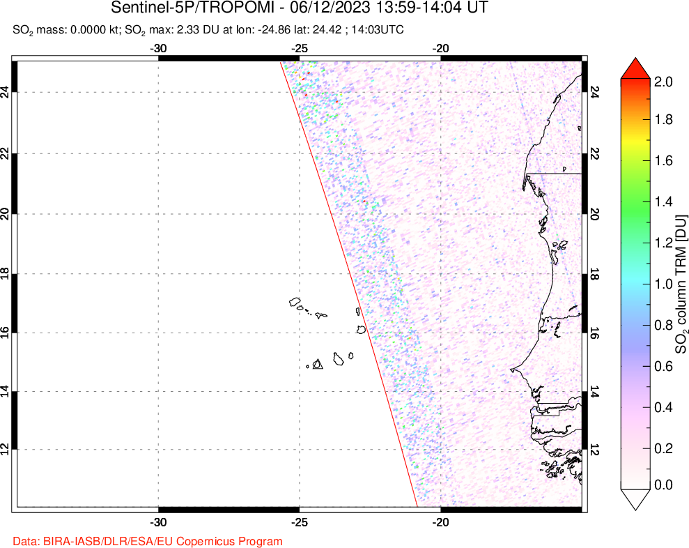 A sulfur dioxide image over Cape Verde Islands on Jun 12, 2023.