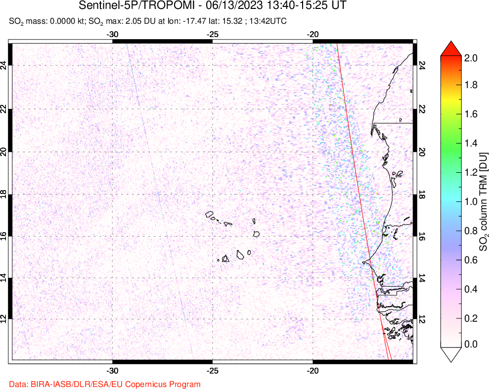 A sulfur dioxide image over Cape Verde Islands on Jun 13, 2023.