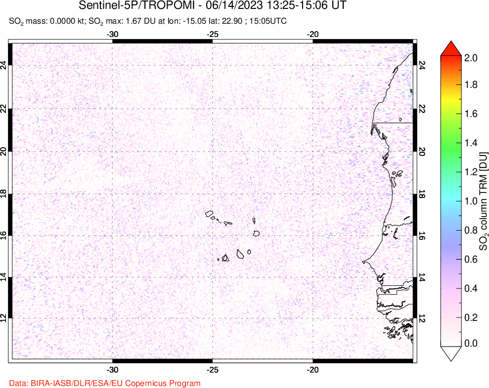 A sulfur dioxide image over Cape Verde Islands on Jun 14, 2023.