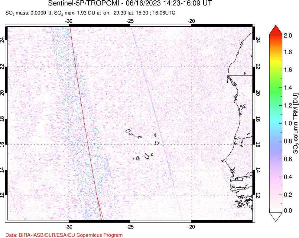 A sulfur dioxide image over Cape Verde Islands on Jun 16, 2023.