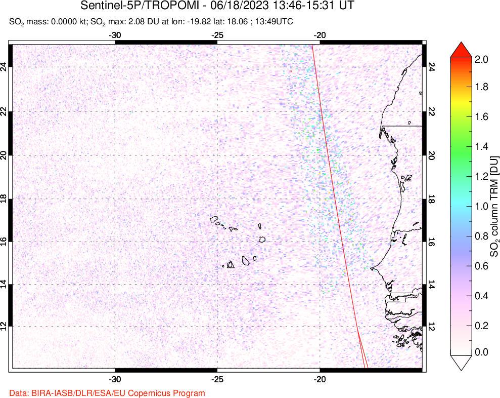 A sulfur dioxide image over Cape Verde Islands on Jun 18, 2023.
