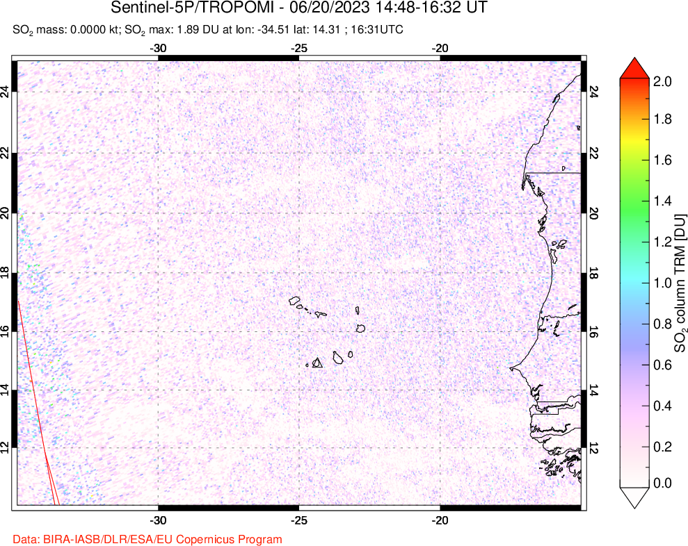 A sulfur dioxide image over Cape Verde Islands on Jun 20, 2023.