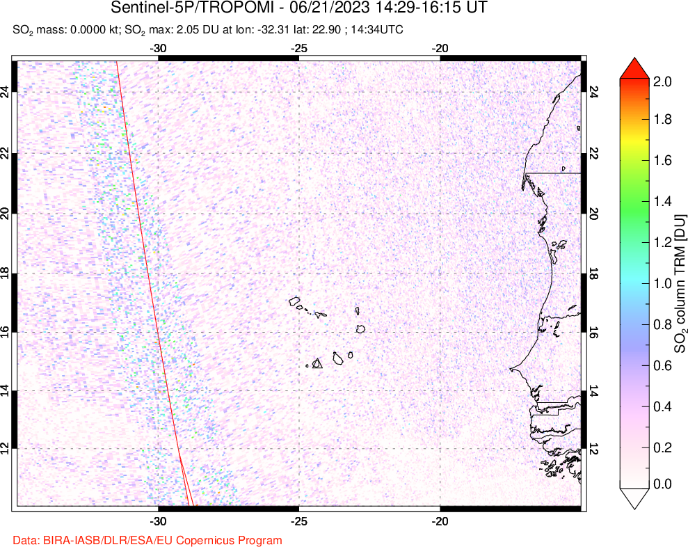 A sulfur dioxide image over Cape Verde Islands on Jun 21, 2023.