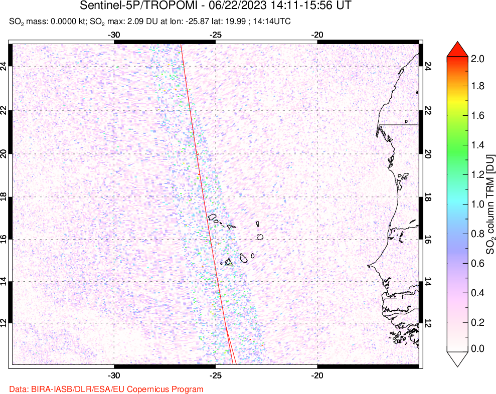 A sulfur dioxide image over Cape Verde Islands on Jun 22, 2023.