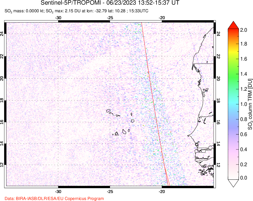 A sulfur dioxide image over Cape Verde Islands on Jun 23, 2023.