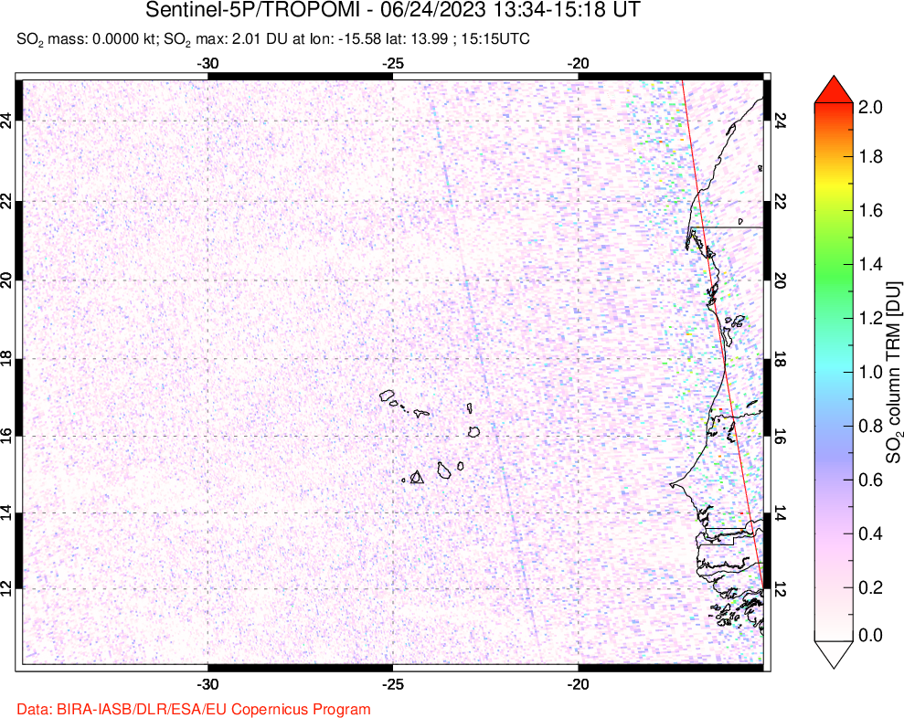 A sulfur dioxide image over Cape Verde Islands on Jun 24, 2023.